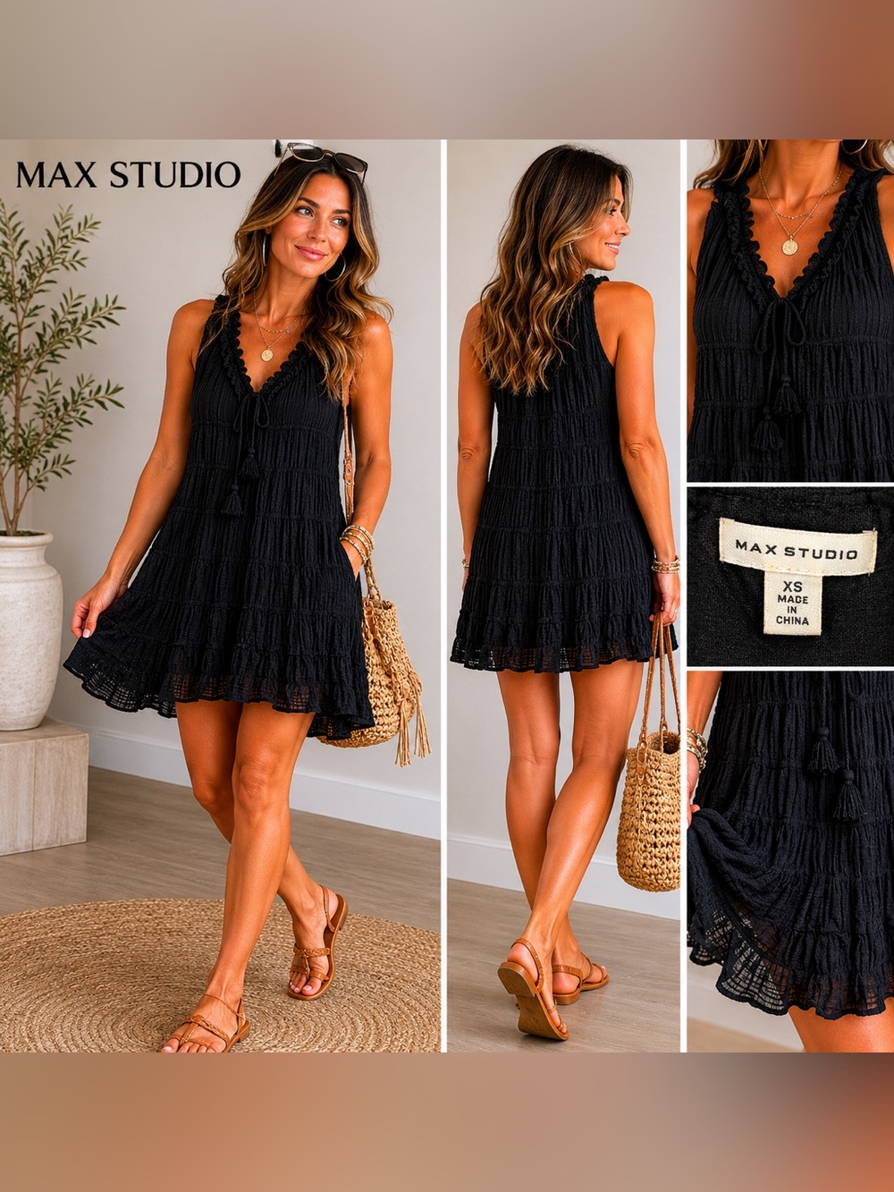 Max Studio Black Crinkle Gauze Sleeveless Boho Mini Dress XS